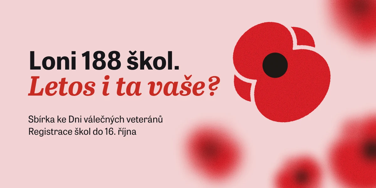 Loni 188 škol. Letos i ta vaše? Sbírka ke Dni válečných veteránů, registrace škol do 16. října. Grafika s vlčím mákem.