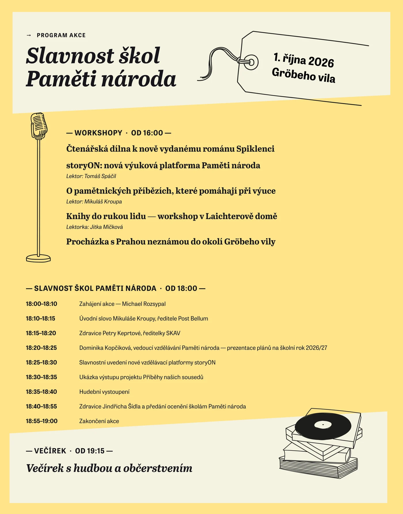 Program Slavnosti škol Paměti národa: workshopy od 16.00, slavnost od 18.00, večírek od 19.15