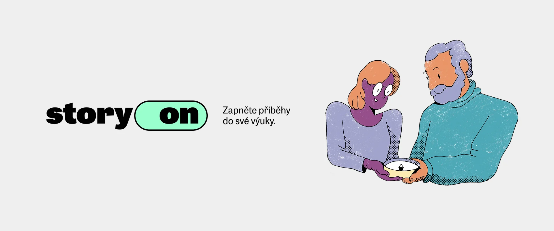 storyON – Zapněte příběhy do své výuky. Ilustrace: dívka a starší muž s vousy se společně dívají do misky, kterou drží v rukou.